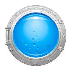 Porthole icon with silver metalic porthole and blue water in glass