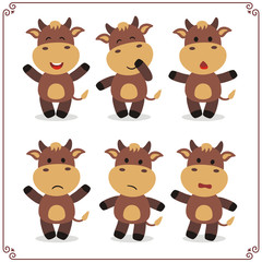 Set Vector Illustrations isolated emotion character cartoon little cow. Stickers emoticons cow with different emotions. Icon emotion funny cow. Emoji cow