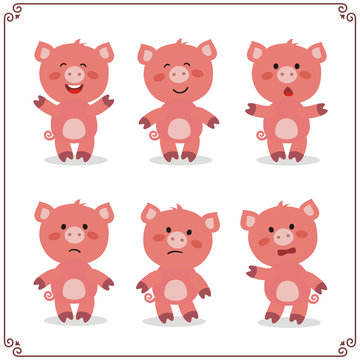 Set Vector Illustrations isolated emotion character cartoon pig. Stickers emoticons pig with different emotions.