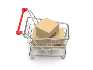Shopping cart with parcel. 3d rendering.