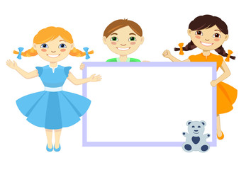 Cute little children show a blank poster for your text entry. Vector illustration of boy and girls on white background