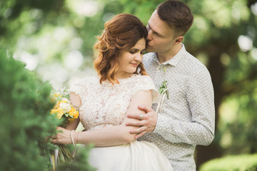 Obraz premium Beautiful romantic wedding couple of newlyweds hugging in park on sunset