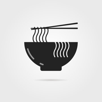 black bowl icon with chinese noodles and shadow
