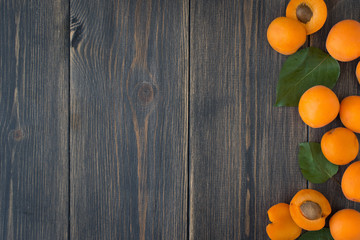 Colorful apricots with green leaves