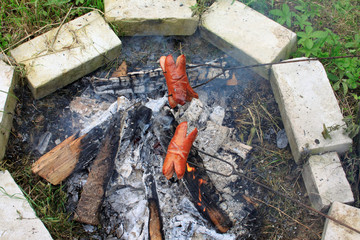 Sausages roasted on an outdoor fire. Camping in nature. Open fire.