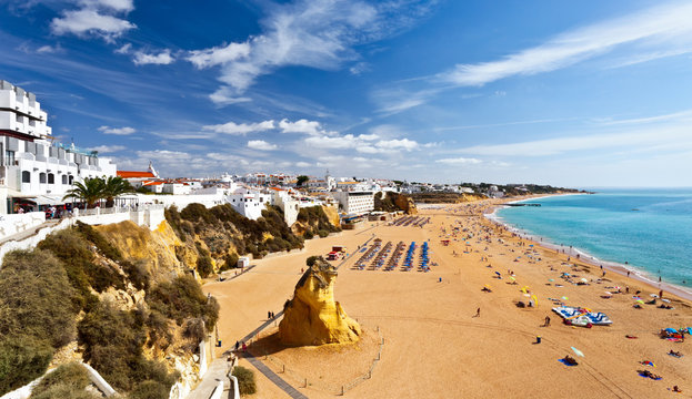 View of the old town of Albufeira and endless sandy beaches, Algarve, Portugal