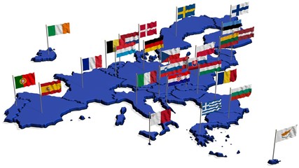 Karte von Europa in blau nur EU mit Flaggen