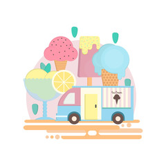 Ice cream bar in flat style. Ice cream van in flat style. Vector illustration for bars, restaurants, menu.