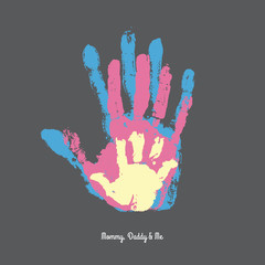 Watercolor handprint of family. Mom, dad and me vector illustration. Handprint of man, woman and child.