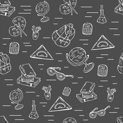 School class pattern with school supplies. Vector hand-drawn doodle illustration on black background for schools, university, kindergarden and classrooms.