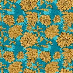 Foto op Canvas Camomile hand-drawn seamless pattern. Vector illustration for textile, surface, web, mobile and print. Golden camomile on blue background. © fleren