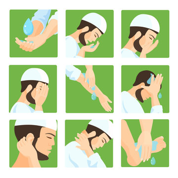 Muslim ablution, purification guide. Step by step position using water.
