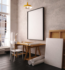 Desk in hipster style loft. mockup interior with posters. 3d
