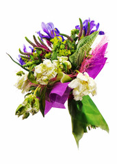 Bouquet of tulips, iris, veronica and other flowers.
