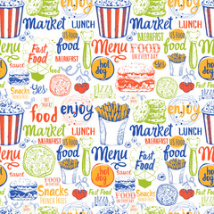 Seamless background with fast food symbols. Menu pattern. 
