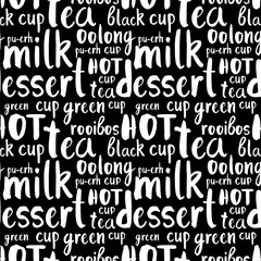 Obraz premium Pattern of tea party doodls. Seamless background with words.