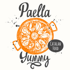 Catalonia food in the sketch style. Paella. Lettering design.