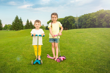 Funny two friends scooter  bikers. Modern children's toys. Joyful summer. Happiness family and love together!  Empty t-short  template no print you can place brand image logo or ad information