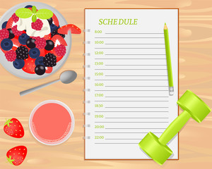 Vector fruit salad, strawberry juice, weight and notebook on wood background.