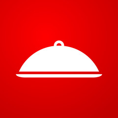 Icono plano bandeja con tapa sobre fondo degradado rojo