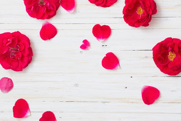 red roses on white wooden background