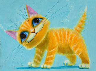 Naklejki  oryginalny obraz na płótnie pomarańczowy zabawny kot z dużymi oczami, radością i radosnym nastrojem, część kolekcji.