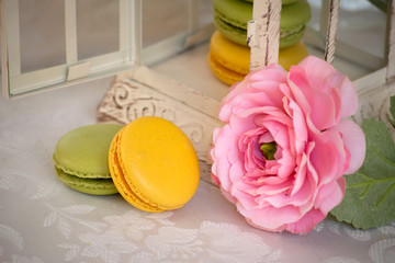 French dessert macarons with rose flower