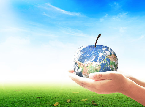World food day concept: Apple of earth globe in human hands. Elements of this image furnished by NASA