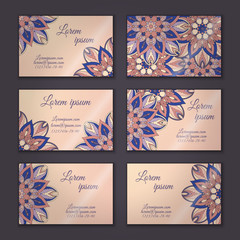 Fototapeta na wymiar Vector vintage visiting card set. Floral mandala pattern and ornaments. Islam, Arabic, Indian, ottoman motifs.