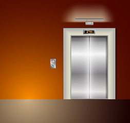 Open and Closed Modern Metal Elevator Doors. Hall Interior in orange Colors. Wall lamp and light