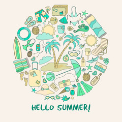 Modern vector illustration with different summer vacation items and objects .