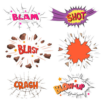 Set of comics boom. Blow up. Shot. Blast. Crash. Hand drawn vector illustration