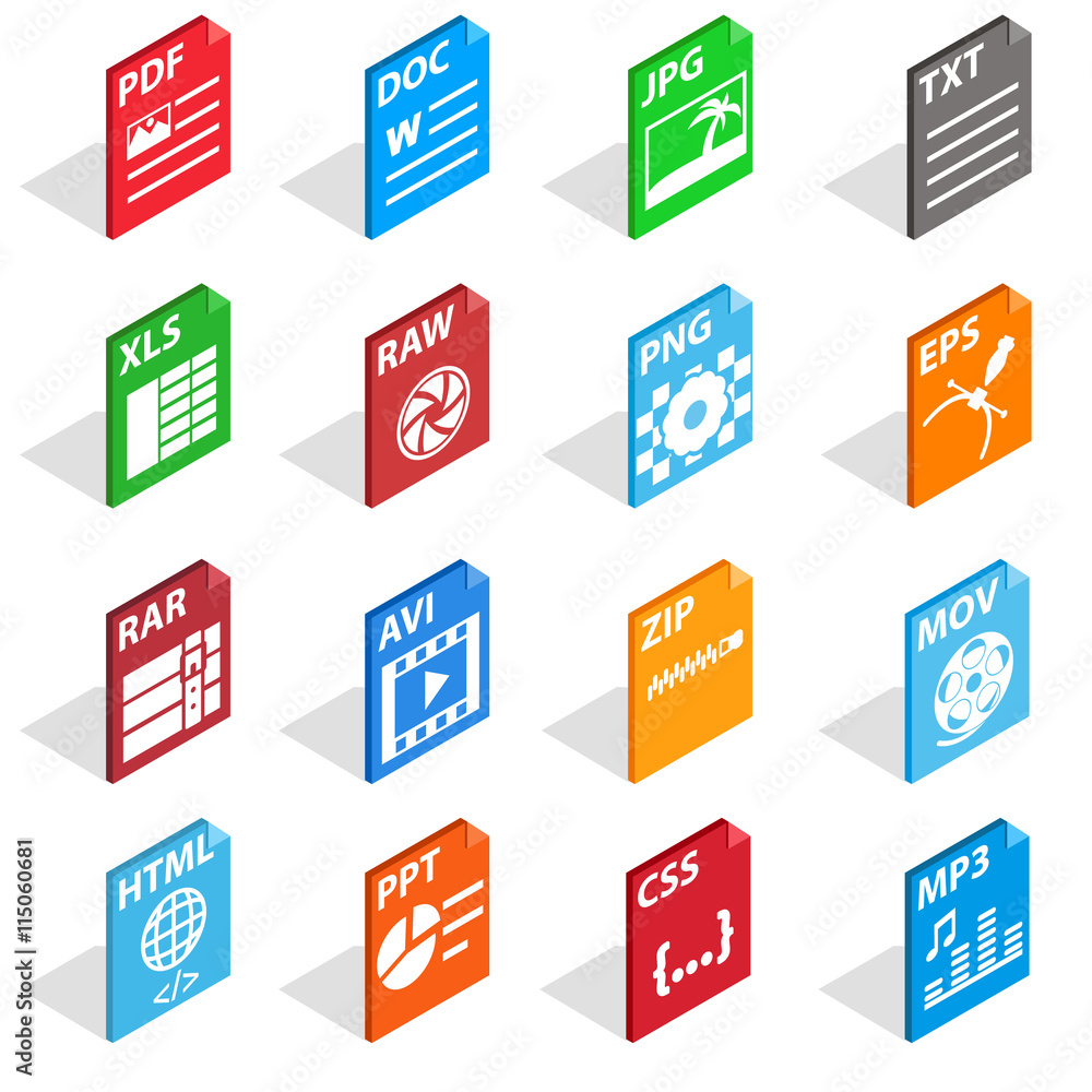 Poster file type icons set in isometric 3d style isolated vector illustration
