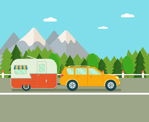 Road trip. Travel trailer and suv. Forest landscape. Vacation poster concept. Flat vector illustration