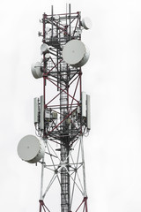 Telecommunication tower with dish and mobile antenna isolated on white background