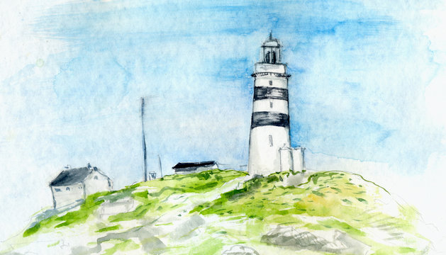Watercolor painting of landscape with lighthouse and small houses. Scandinavian scenery.