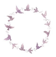 Wreath - cute naive birds. Watercolor