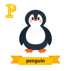 Penguin. P letter. Cute children animal alphabet in vector. Funn
