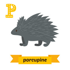 Porcupine. P letter. Cute children animal alphabet in vector. Fu