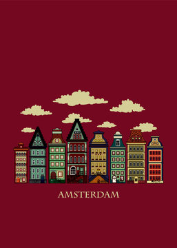 Amsterdam houses.Colorful vector illustration of old Amsterdam houses.postcard design