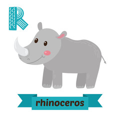 Fototapeta premium Rhinoceros. R letter. Cute children animal alphabet in vector. F