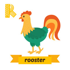 Fototapeta na wymiar Rooster. R letter. Cute children animal alphabet in vector. Funn