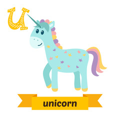Unicorn. U letter. Cute children animal alphabet in vector. Funn