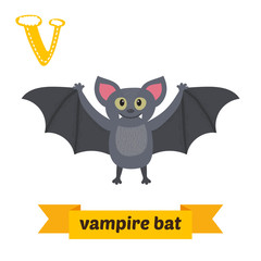 Vampire bat. V letter. Cute children animal alphabet in vector.
