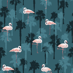 Tropical summer seamless pattern with flamingo birds