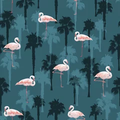 Wall murals Flamingo Tropical summer seamless pattern with flamingo birds
