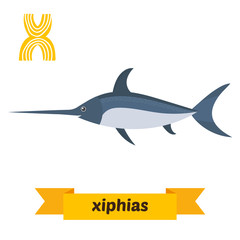 Xiphias. X letter. Cute children animal alphabet in vector. Funn