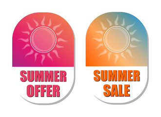 summer offer and sale with sun signs, flat design labels, vector
