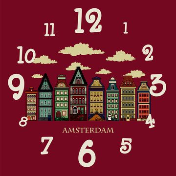 Amsterdam houses.Colorful vector illustration of old Amsterdam houses.Clock design