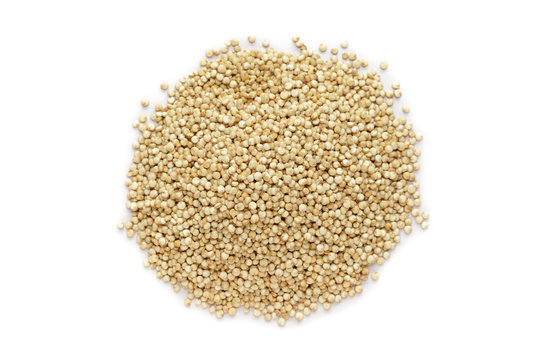 Organic Quinoa (Chenopodium quinoa) seeds isolated on white background. Macro close up. Top view.